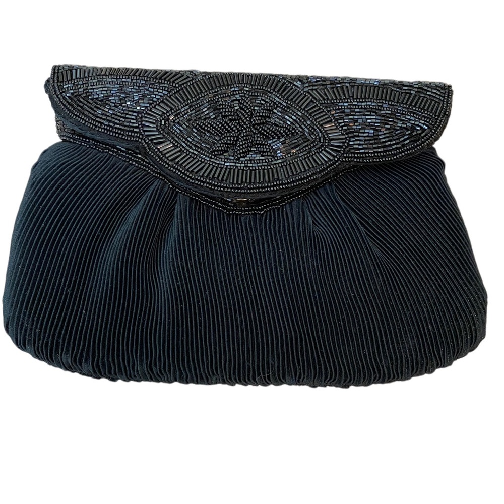 Vintage Carolyne Barton Nights Beaded Black Satin Clutch mini bag